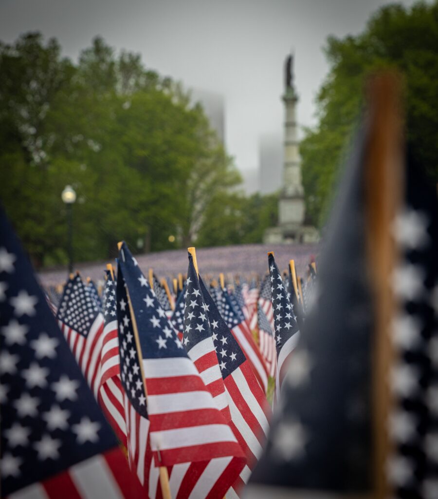 American Flags at a memorial day event for fallen military service personnel 